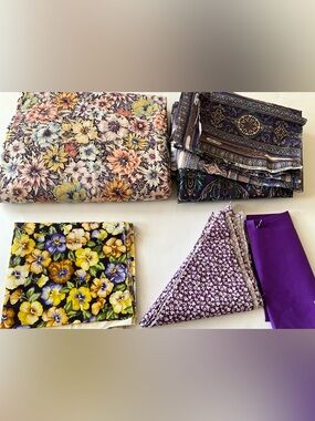 Quilting Fabric Lot Floral Pansies Paisley Purple Yellow Peach Teal Cotton